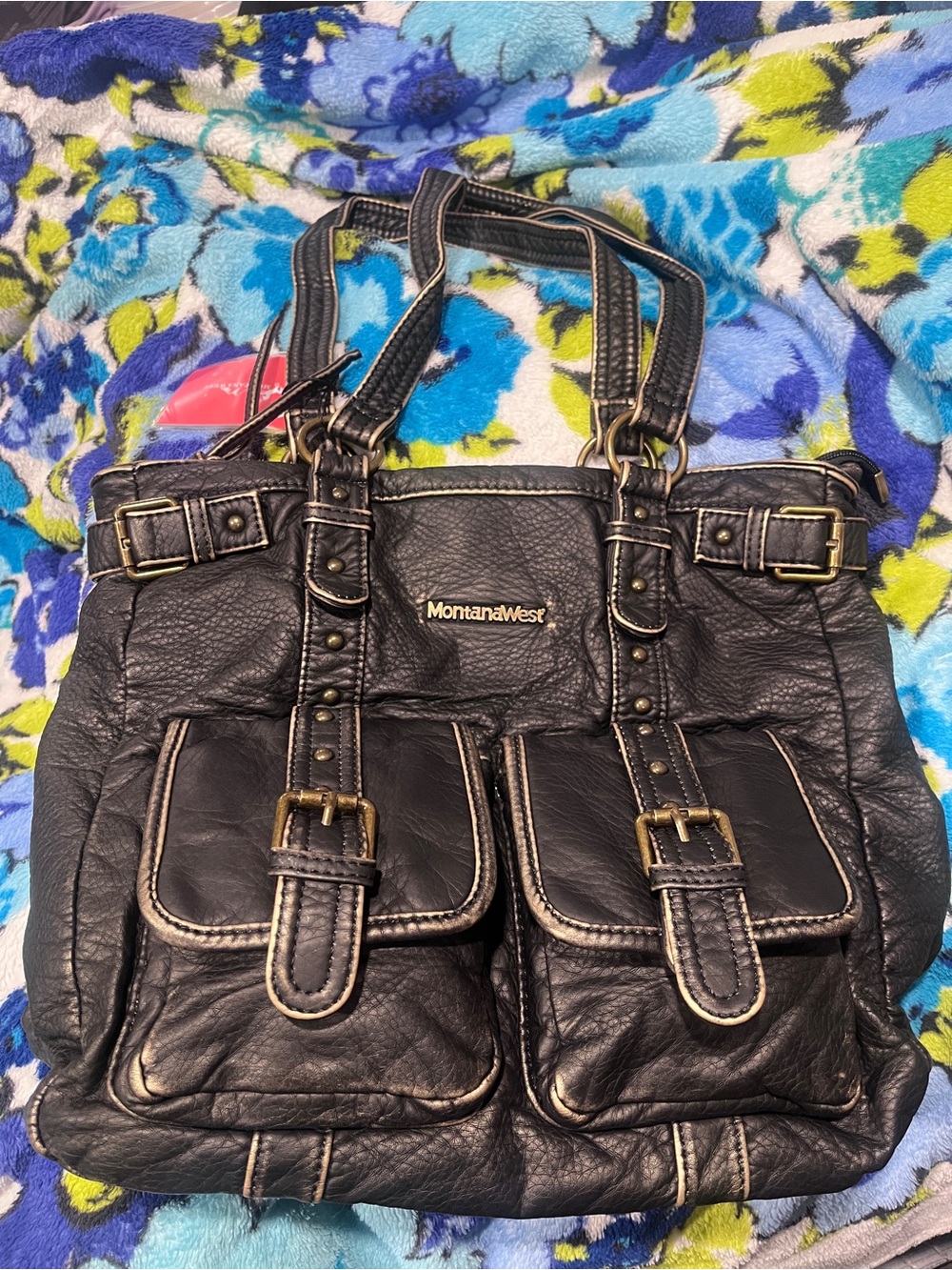 Montana West Black Faux Leather Shoulder Tote with Front Buckle Pockets